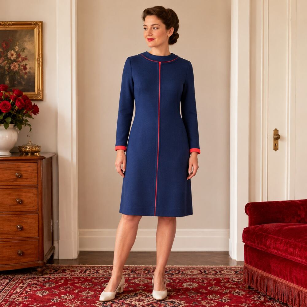 60s Vintage Royal Blue Double Knit Shift Dress Tomato Red Trim - M